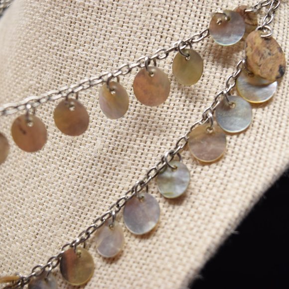 Reversible Double Layer Shell Round Disc Necklace Abalone Silvertone - Picture 9 of 12